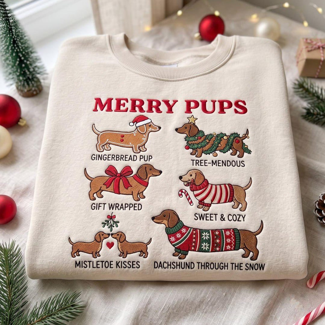 Christmas Dachshund Merry Pups Six Festive Wiener Dogs Holiday embroidered sweatshirt — front view