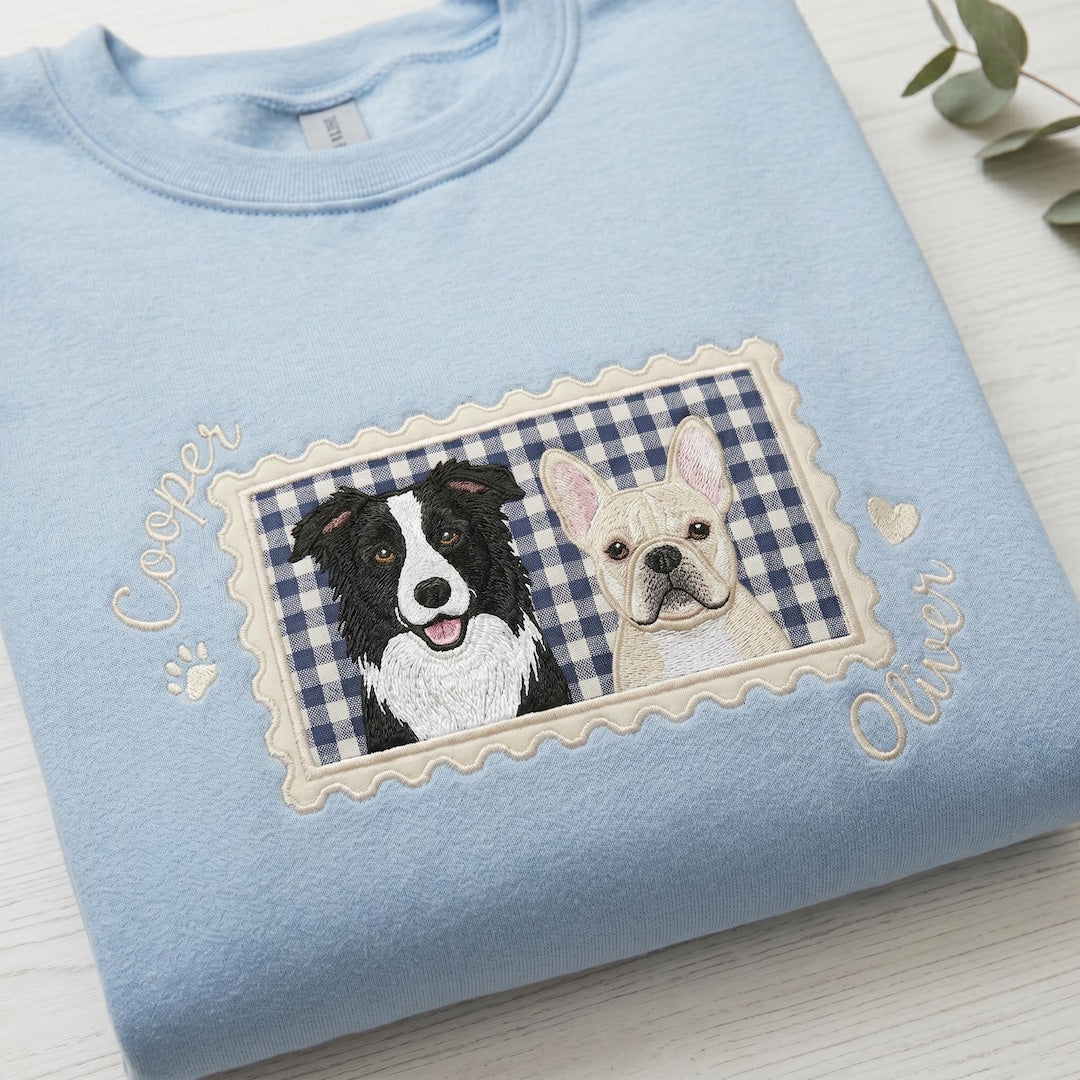 Personalized Custom Pet Portrait Postage Stamp Applique Gingham Two Dogs embroidered sweatshirt — front view