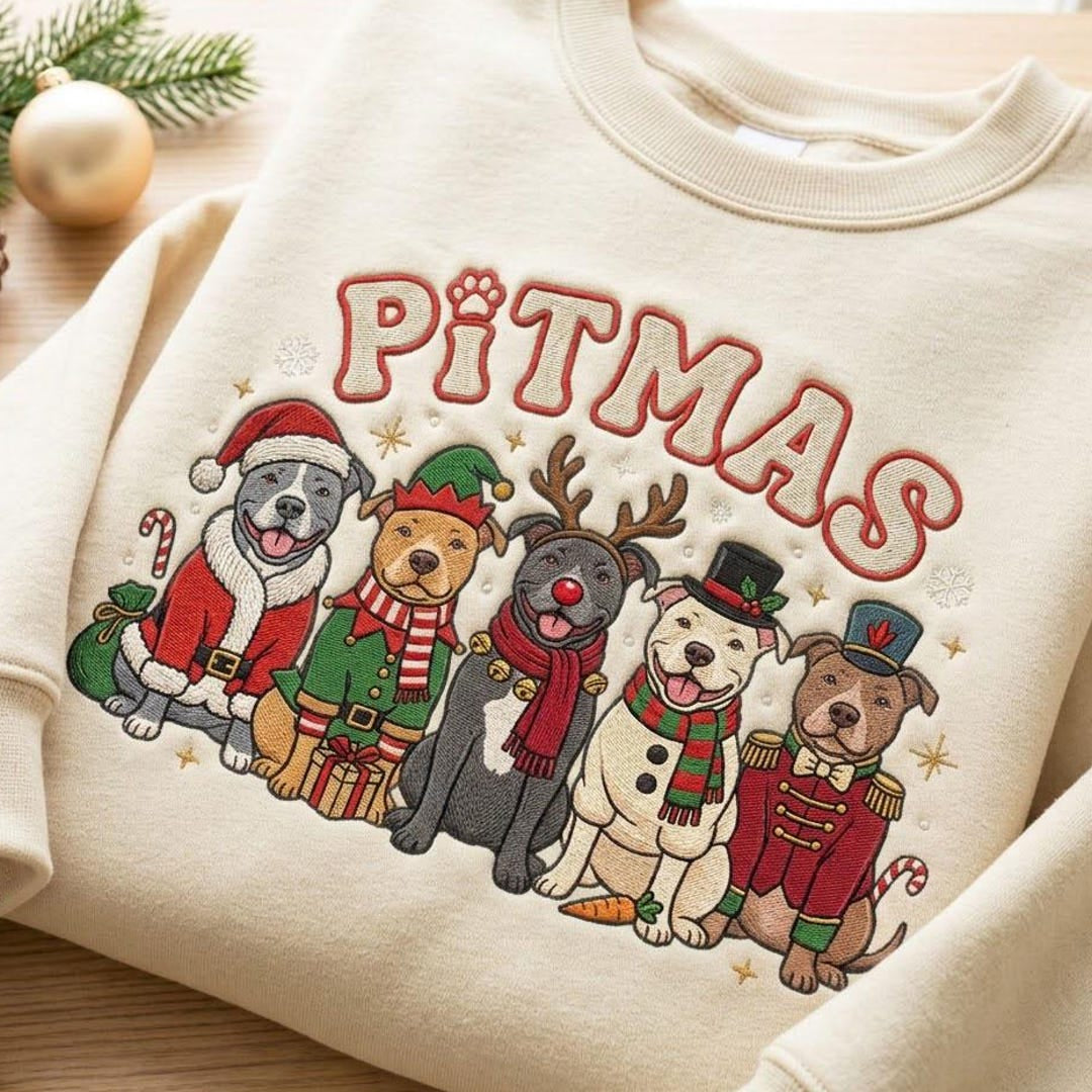 Christmas Pitbull Five Dogs Holiday Costumes Santa Elf Reindeer Snowman Nutcracker Pitmas embroidered sweatshirt — front view