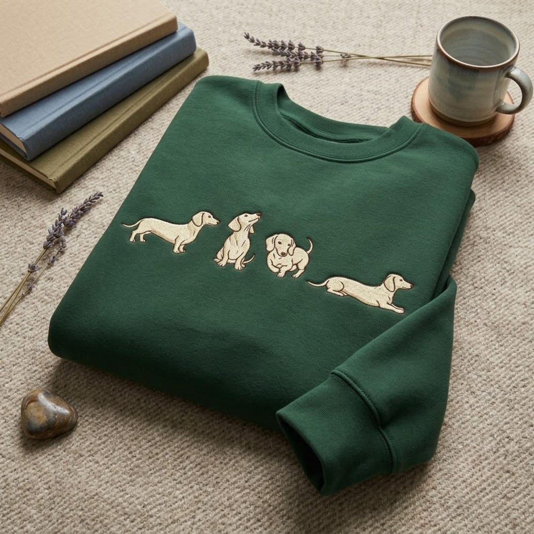 Personalized Dachshund Four Poses Dog Mom embroidered sweatshirt — front view