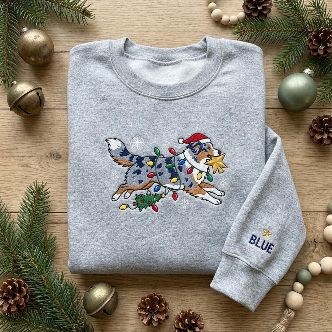 Personalized Australian Shepherd Christmas Lights Santa Hat Running Dog embroidered sweatshirt — front view
