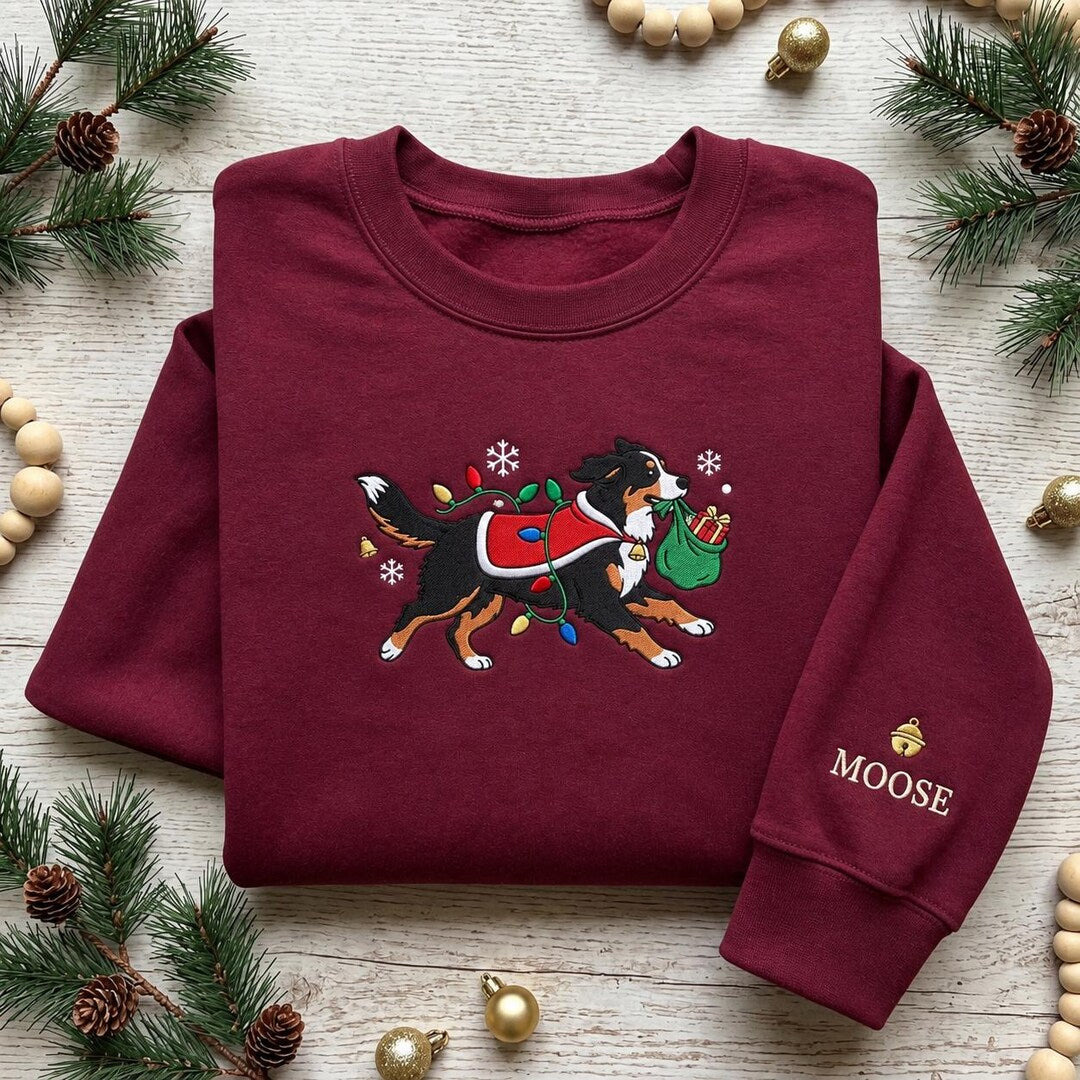 Personalized Bernese Mountain Dog Christmas Lights Santa Bag embroidered sweatshirt — front view