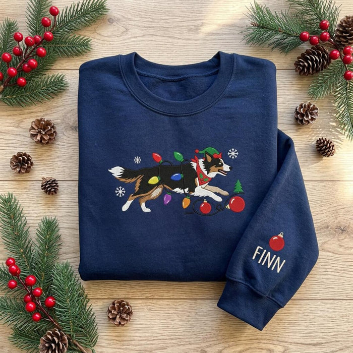 Personalized Border Collie Christmas Lights Elf Hat Running Dog Name Sleeve Embroidered Sweatshirt