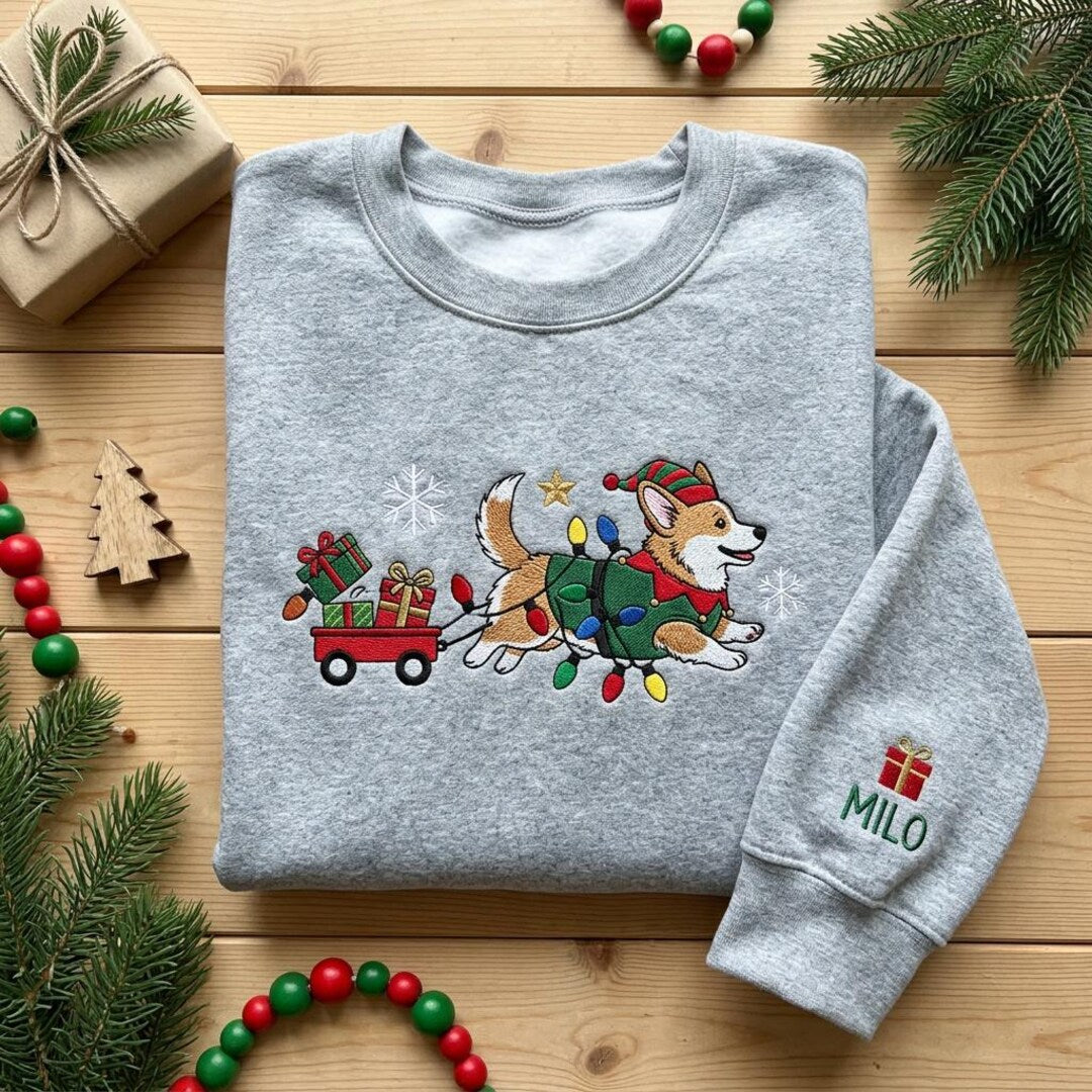Personalized Christmas Corgi Elf Wagon Lights Holiday Dog Name embroidered sweatshirt — front view