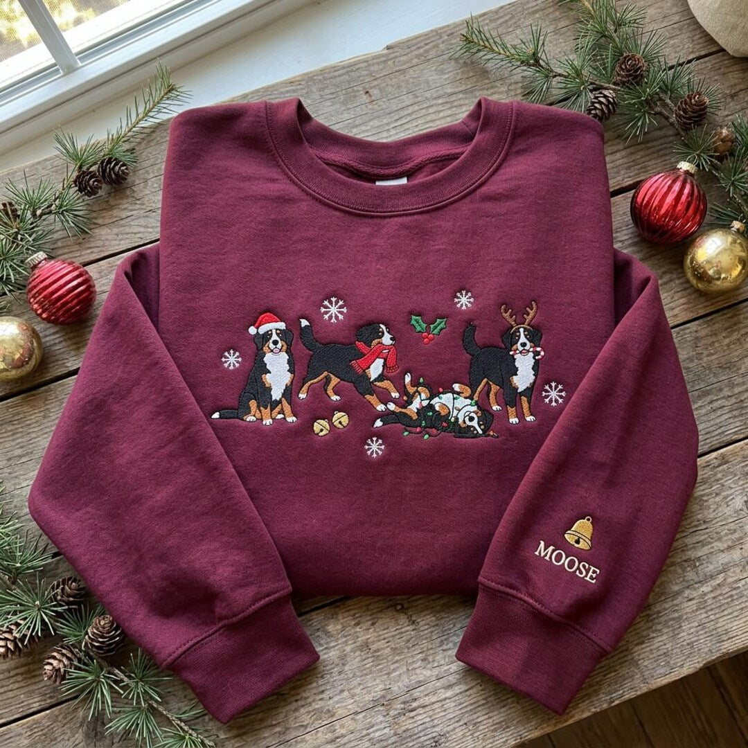 Personalized Christmas Bernese Mountain Dog Santa Reindeer Scarf Jingle Bell Sleeve Name embroidered sweatshirt — front view