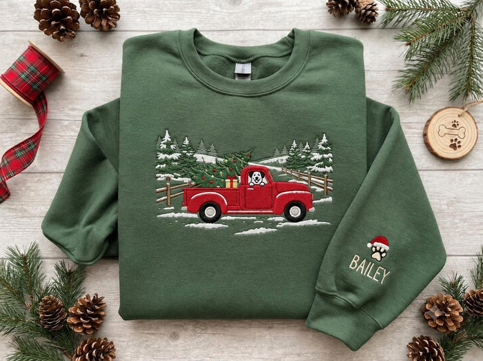 Personalized Dog Christmas Red Truck Snowy Pine Tree Pet Name Sleeve Embroidered Sweatshirt