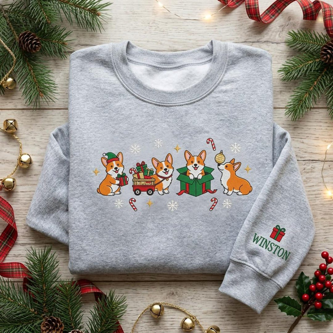 Personalized Corgi Christmas Holiday Four Scenes Candy Cane Snowflake Pet Name Sleeve embroidered sweatshirt — front view