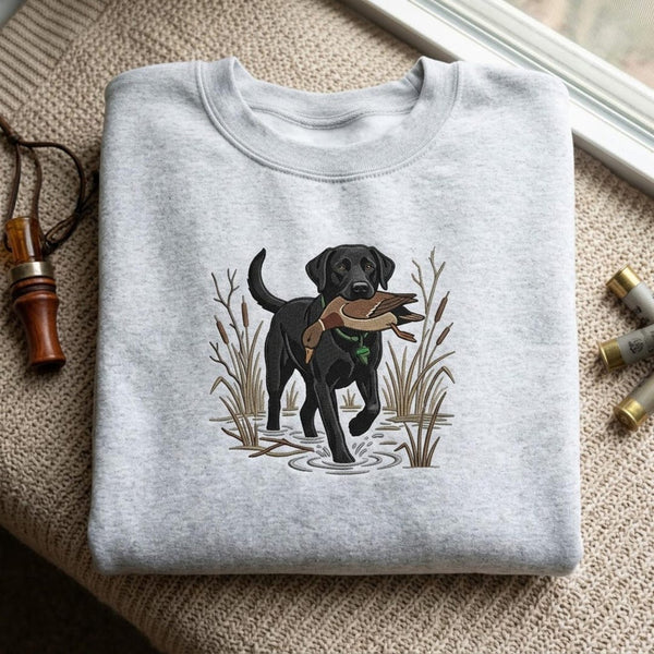 Black Lab Duck Hunting Retriever Cattails Marsh Wildlife embroidered sweatshirt — front view