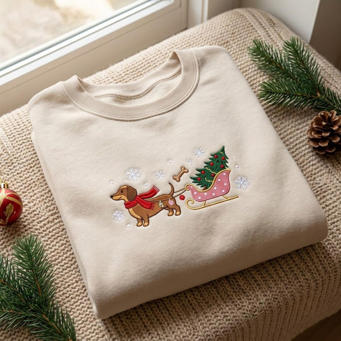Christmas Dachshund Pulling Sleigh Christmas Tree Snowflakes Embroidered Sweatshirt