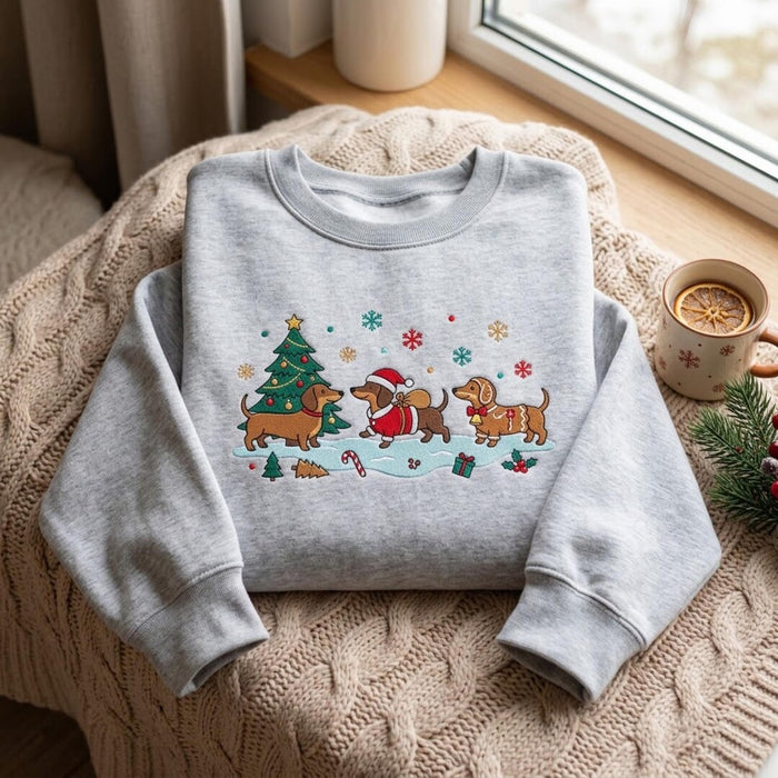 Christmas Dachshund Trio Santa Gingerbread Holiday Scene Embroidered Sweatshirt