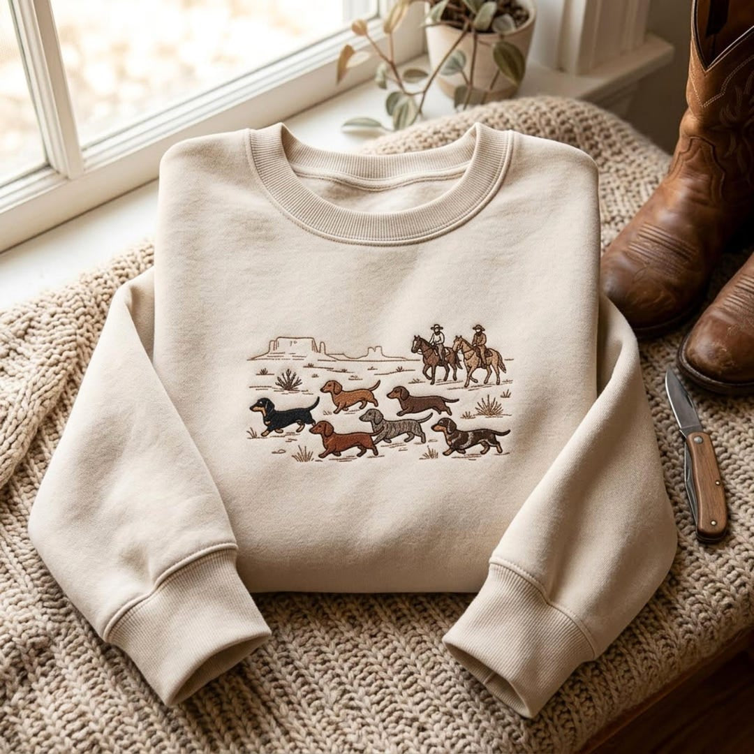 Dachshund Herd Western Ranch Cowboys Horses Desert embroidered sweatshirt — front view