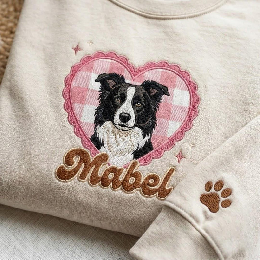 Personalized Border Collie Pet Portrait Gingham Heart Name Paw Sleeve embroidered sweatshirt — front view