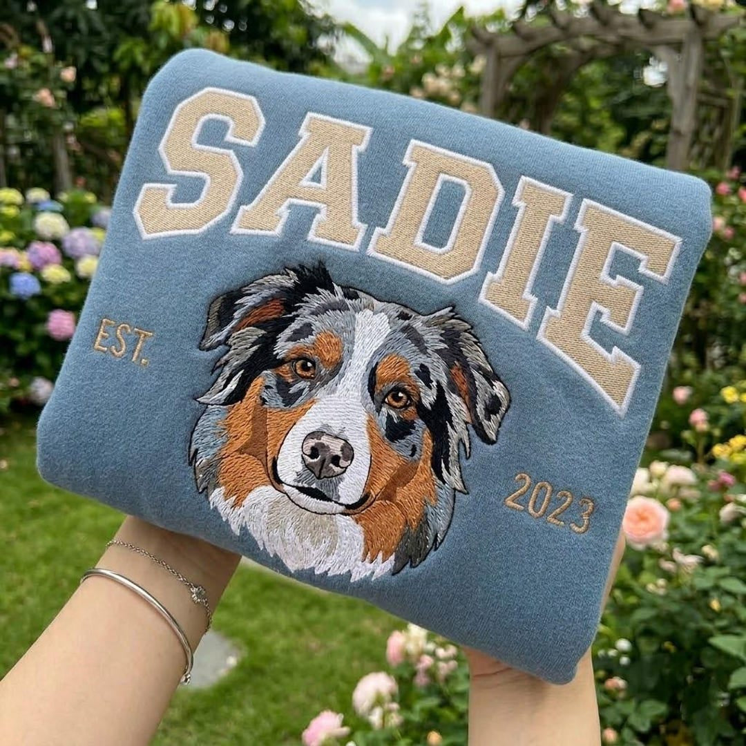 Personalized Custom Pet Portrait Dog Name EST Year Varsity embroidered hoodie — front view
