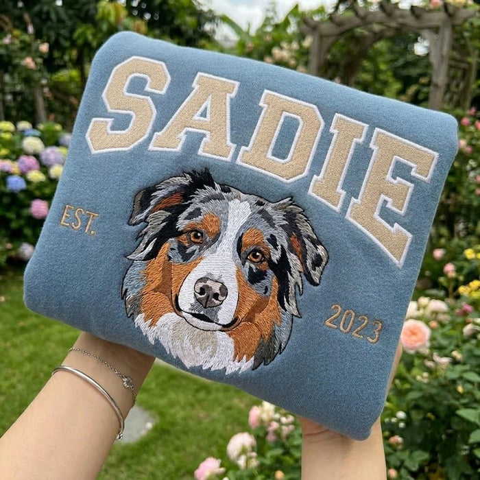 Personalized Custom Pet Portrait Dog Name EST Year Varsity Embroidered Hoodie