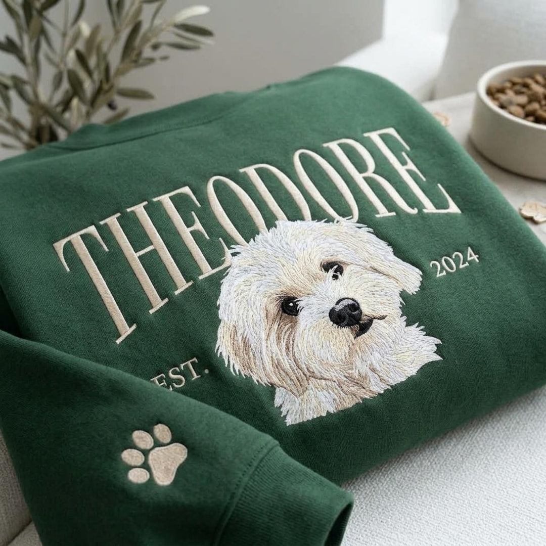 Personalized Custom Dog Portrait Name Year Paw Sleeve embroidered sweatshirt — front view