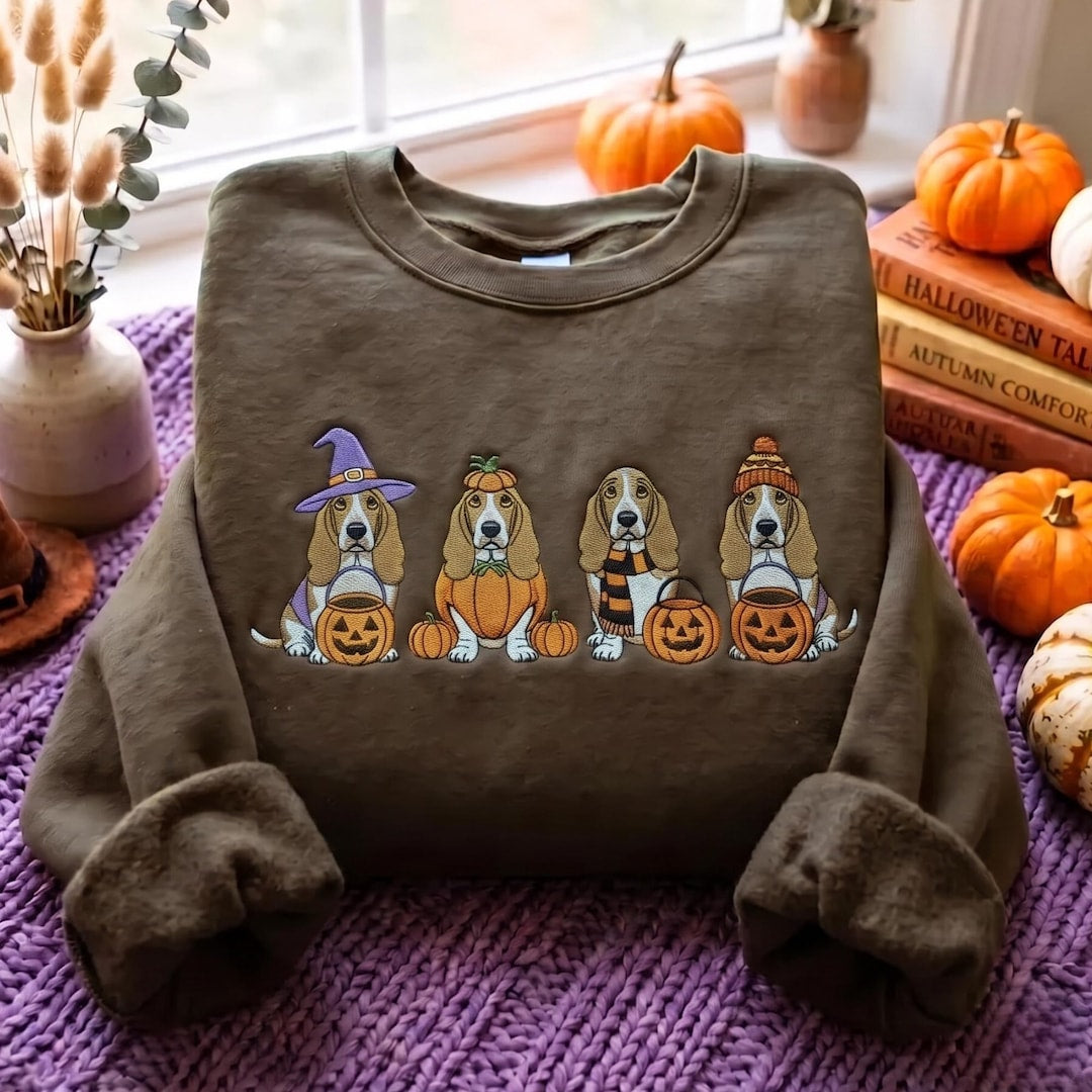 Halloween Basset Hound Witch Pumpkin Costume Trick or Treat Dog embroidered sweatshirt — front view
