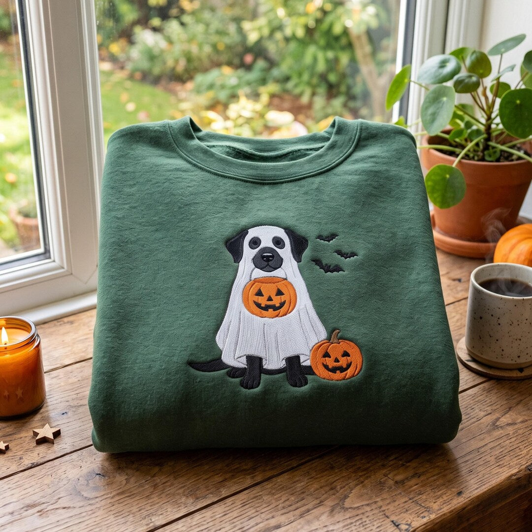 Halloween Ghost Dog Black Lab Pumpkin Bats embroidered sweatshirt — front view