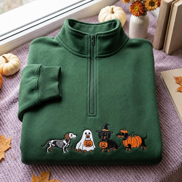Halloween Dachshund Skeleton Ghost Witch Pumpkin Costume embroidered sweatshirt — front view