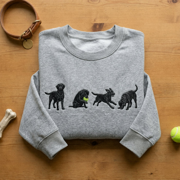 Black Labrador Retriever Four Poses Playing Tennis Ball Embroidered Sweatshirt