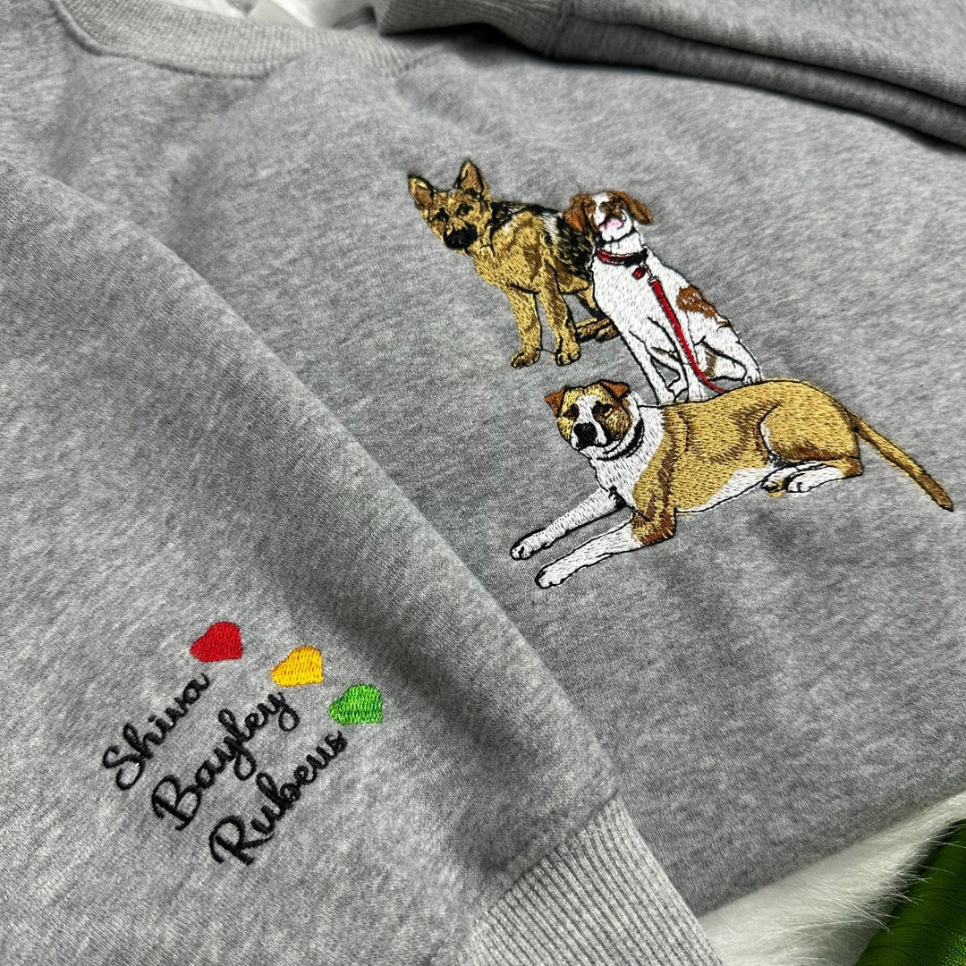 Personalized Custom Pet Portrait Three Dogs Names embroidered hoodie — front view