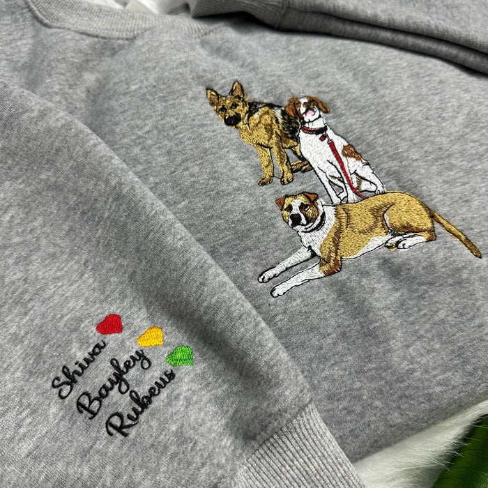 Personalized Custom Pet Portrait Three Dogs Names Embroidered Hoodie