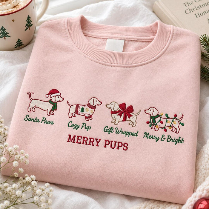 Christmas Dachshund Four Poses Santa Paws Cozy Pup Gift Wrapped Merry Bright Holiday Embroidered Sweatshirt