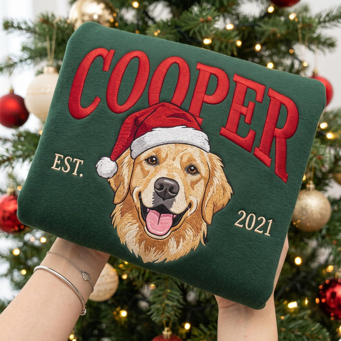 Personalized Golden Retriever Santa Hat Christmas Custom Name EST Year Embroidered Sweatshirt