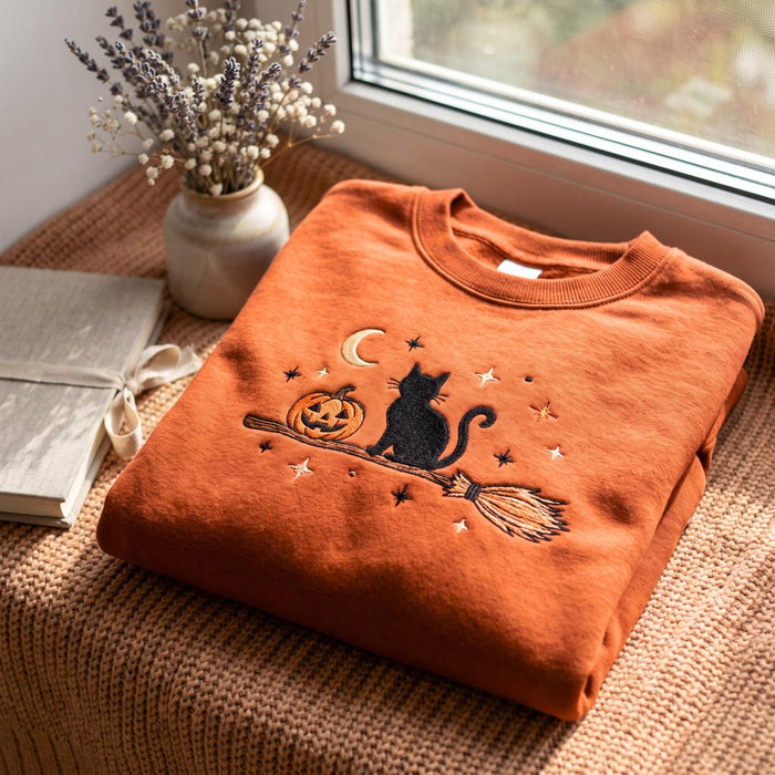 Halloween Black Cat Pumpkin Broomstick Moon Stars Embroidered Sweatshirt