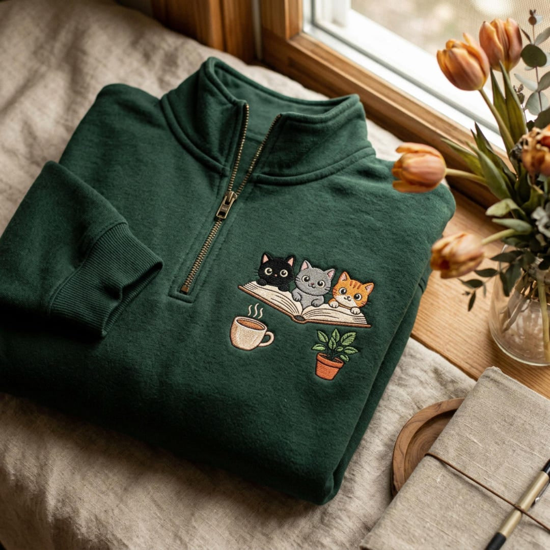 Three Cats Reading Book Coffee Plant Cozy embroidered sweatshirt — front view