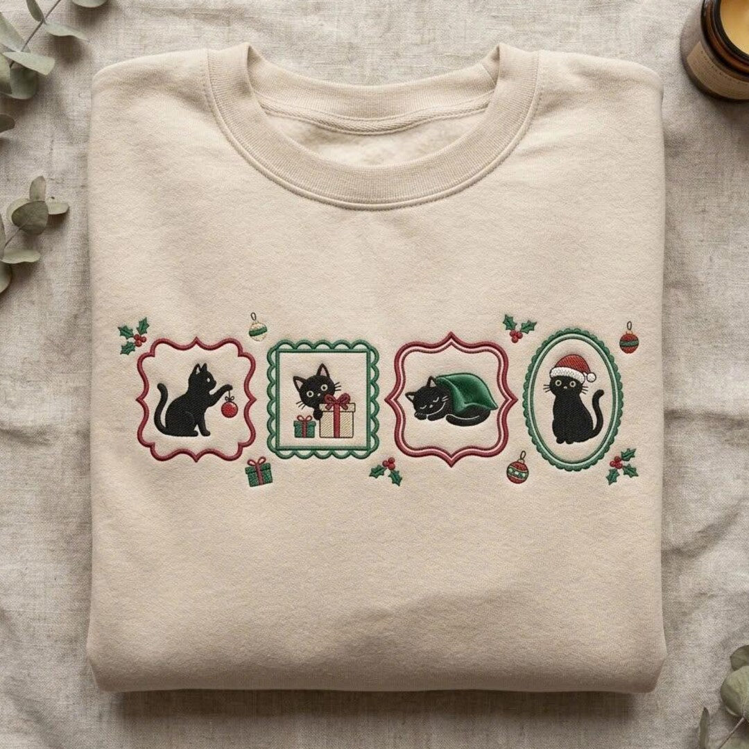 Christmas Black Cat Vintage Frames Holiday Santa Hat Gift Ornament embroidered sweatshirt — front view