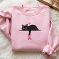 Black Cat Pink Ribbon Breast Cancer Awareness Lazy Cat Hanging embroidered sweatshirt — front view