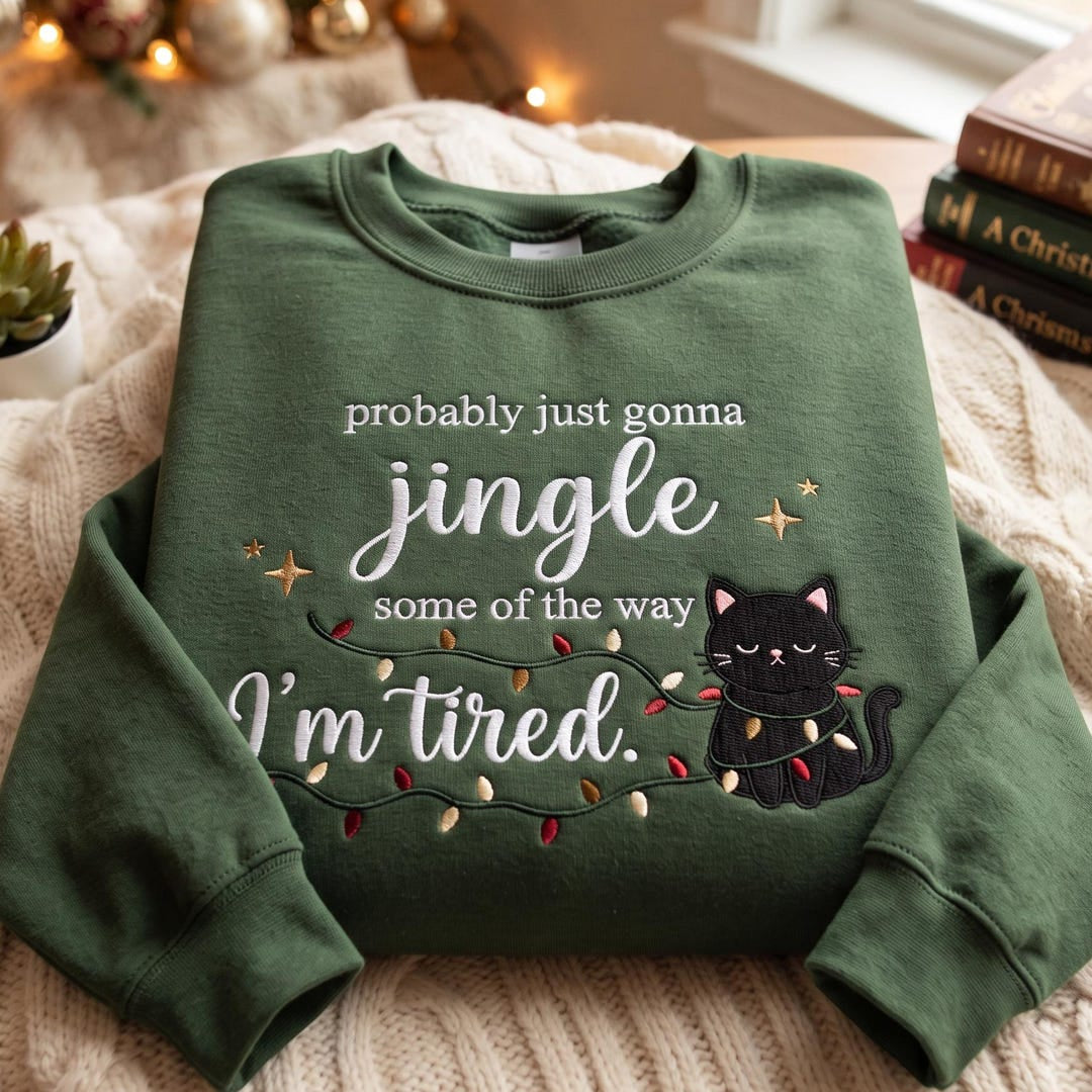 Probably Just Gonna Jingle Some of the Way I'm Tired Funny Black Cat Christmas Lights embroidered sweatshirt — front view