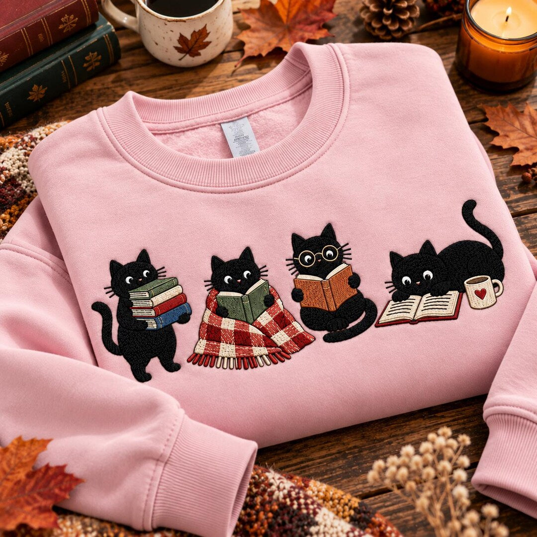 Four Black Cats Reading Books Cozy Plaid Blanket Coffee Cup Glasses embroidered sweatshirt — front view