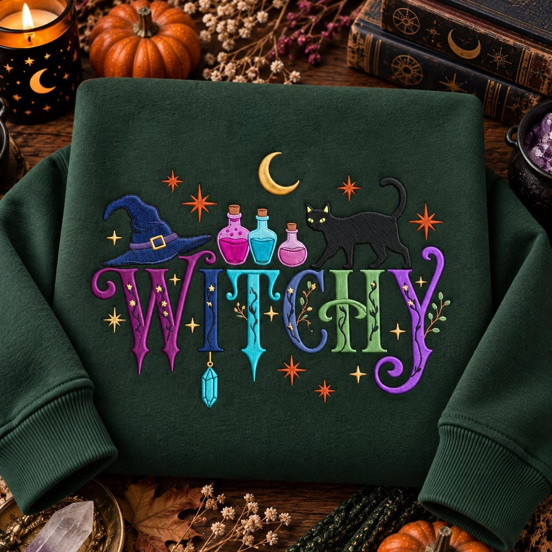 Witchy Halloween Black Cat Witch Hat Potions Crescent Moon Crystal embroidered hoodie — front view