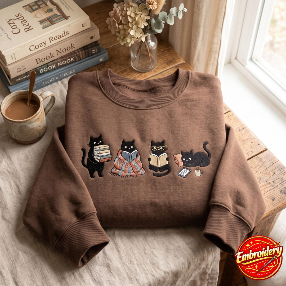 Four Black Cats Reading Books Cozy Blanket Glasses E-Reader Coffee Cup embroidered sweatshirt — front view