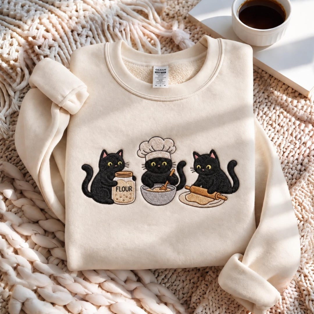 Black Cat Baking Chef Hat Flour Bowl Rolling Pin embroidered sweatshirt — front view