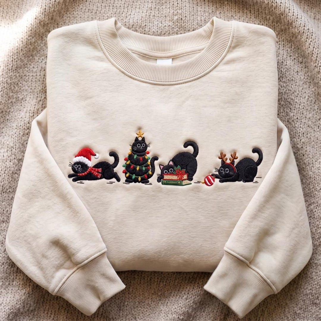 Christmas Black Cats Santa Hat Reindeer Xmas Tree Lights Book embroidered sweatshirt — front view