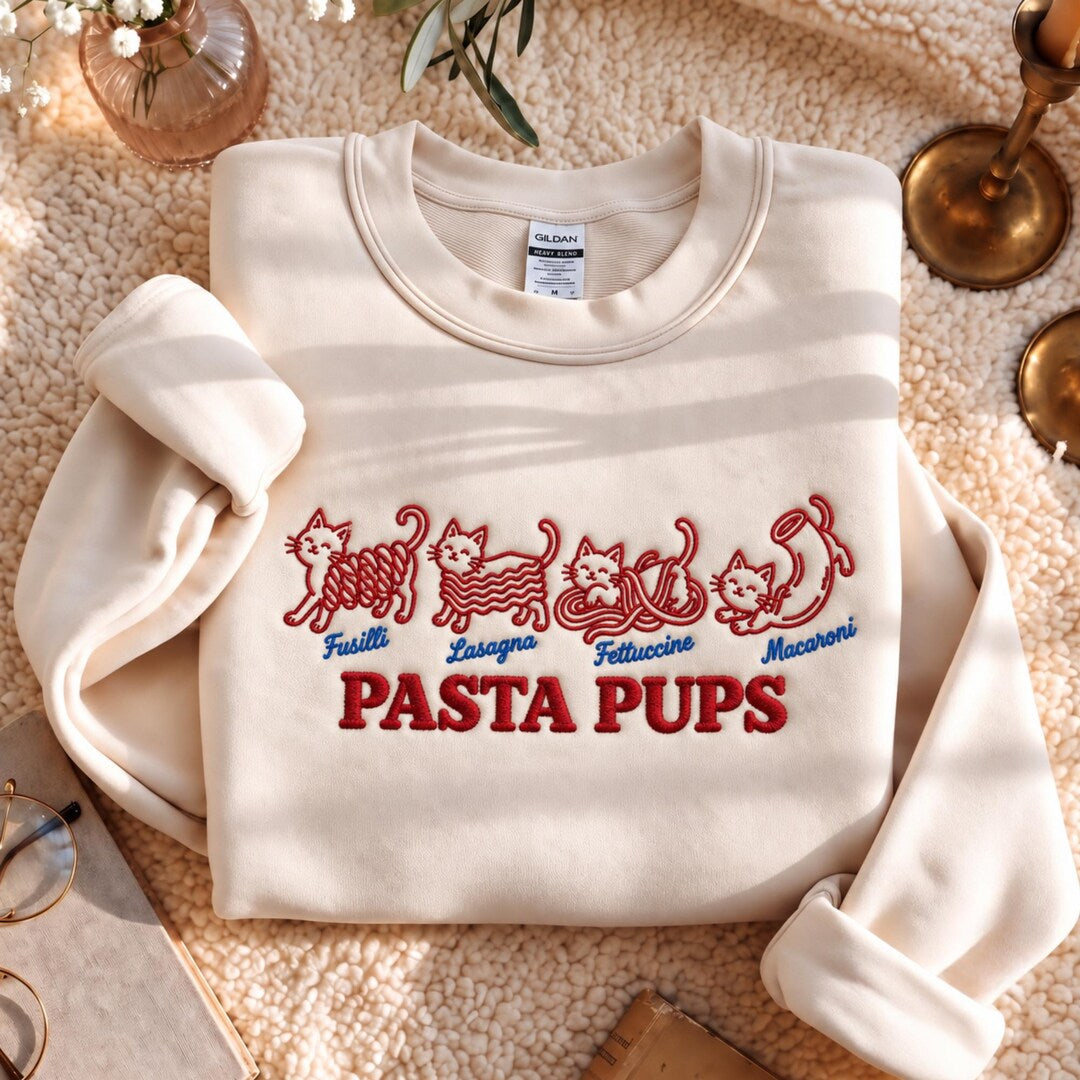 Pasta Pups Four Cats Fusilli Lasagna Fettuccine Macaroni Funny Cat Lover embroidered sweatshirt — front view