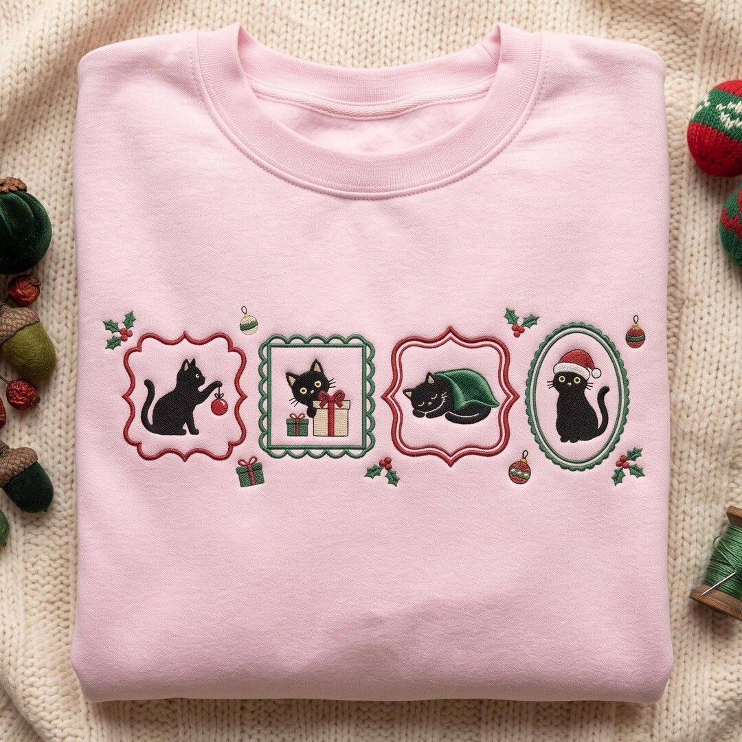 Black Cat Christmas Four Frames Holly Ornament Santa Hat embroidered sweatshirt — front view