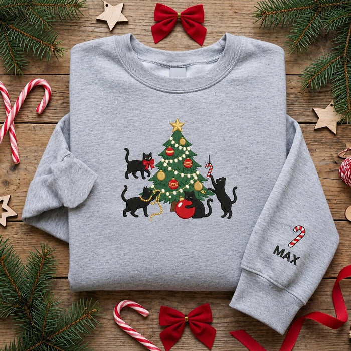 Personalized Black Cats Christmas Tree Ornaments Lights Custom Name Embroidered Sweatshirt