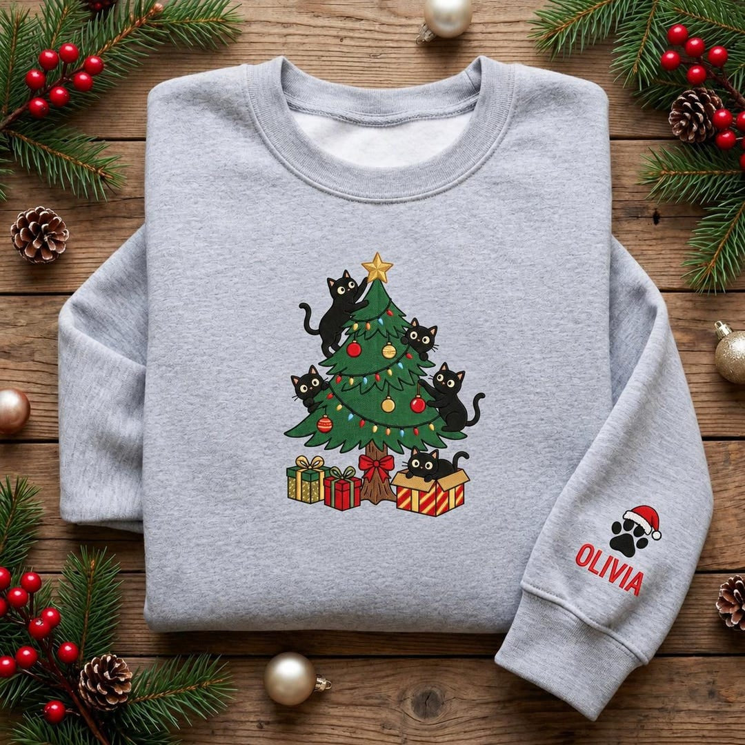 Personalized Black Cats Christmas Tree Gifts Santa Paw Sleeve Name embroidered sweatshirt — front view