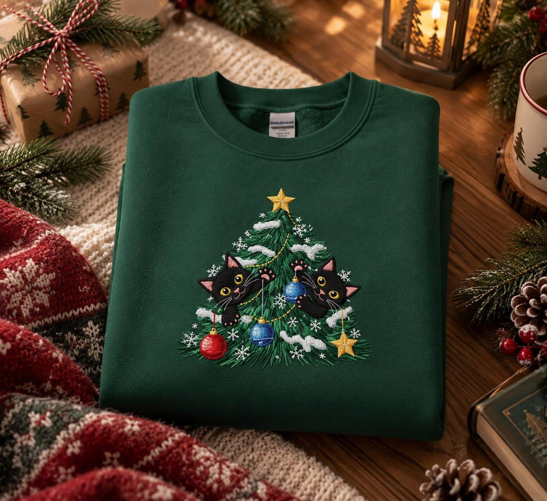 Black Cats Peeking Christmas Tree Ornaments Snowflakes Holiday embroidered sweatshirt — front view