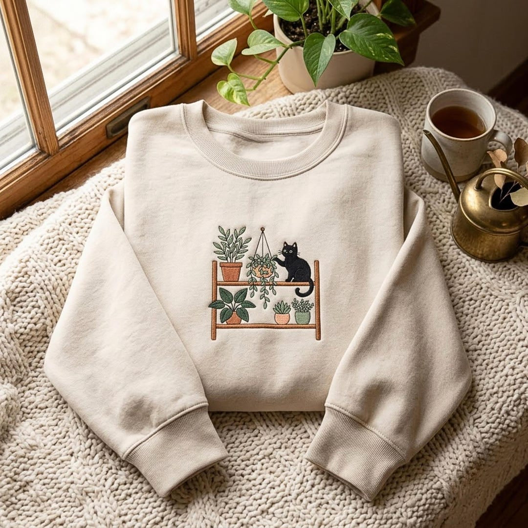Black Cat Plant Shelf Succulent Indoor Garden embroidered sweatshirt — front view