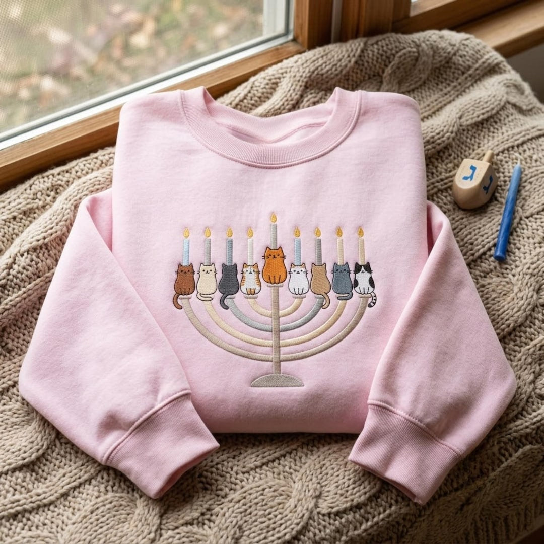 Hanukkah Cat Menorah Nine Cats Candles embroidered sweatshirt — front view