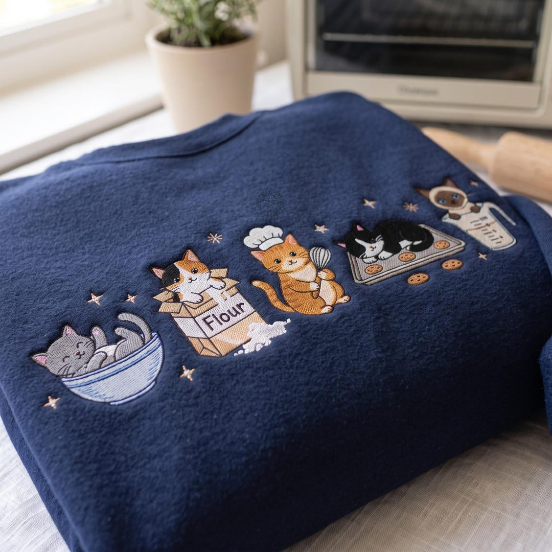 Baking Cats Chef Hat Flour Bowl Cookie Sheet Whisk Stars embroidered sweatshirt — front view