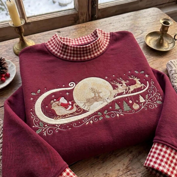 Santa Sleigh Reindeer Moon Vintage Christmas Floral Holly embroidered gingham sweatshirt — front view