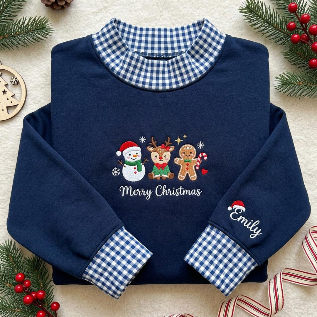 Personalized Christmas Snowman Reindeer Gingerbread Man Merry Christmas embroidered sweatshirt — front view
