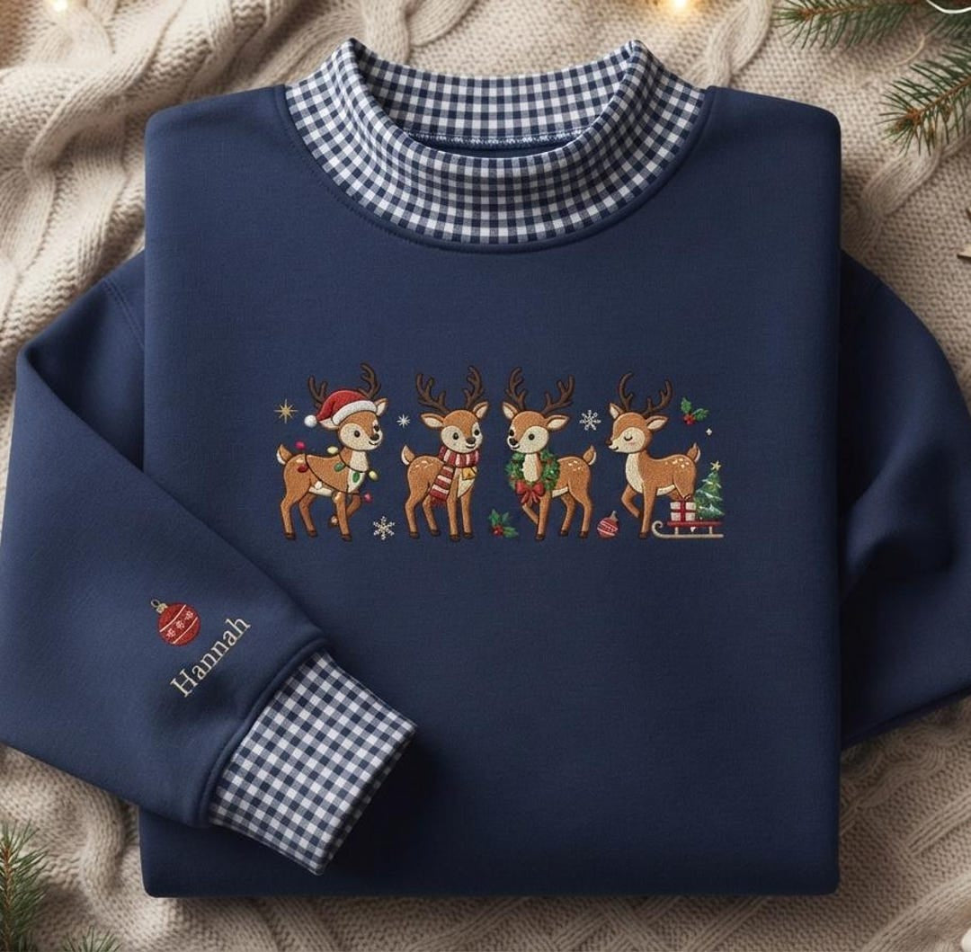 Personalized Christmas Four Reindeer Holiday Lights Scarf Wreath Sleigh embroidered sweatshirt — front view
