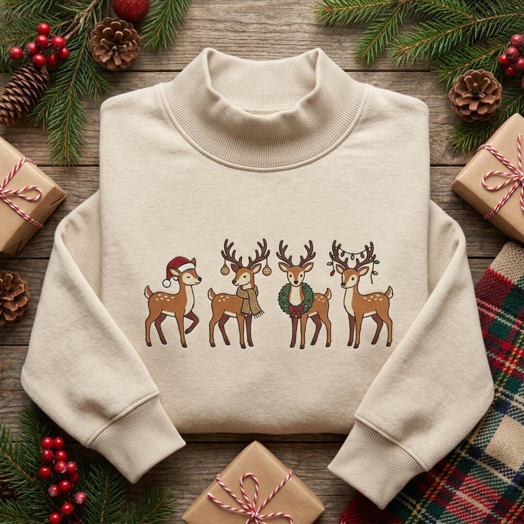 Christmas Reindeer Quartet Santa Hat Wreath Scarf Lights Holiday embroidered sweatshirt — front view