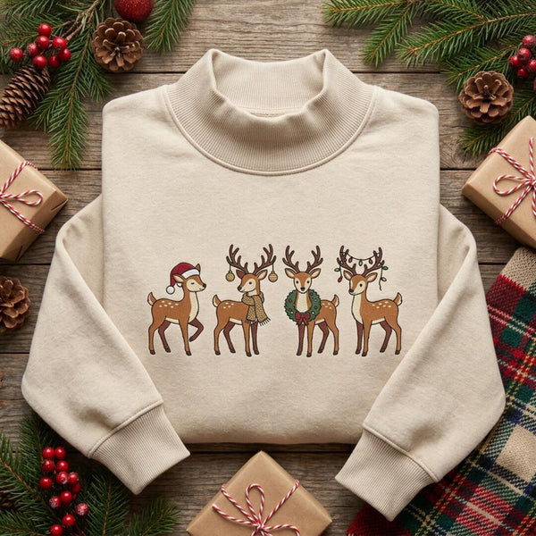 Christmas Reindeer Quartet Santa Hat Wreath Scarf Lights Holiday embroidered mock neck sweatshirt — front view